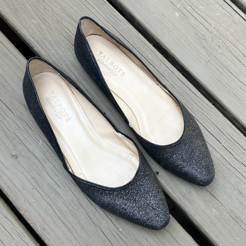 Talbots Black Glitter Leather Soled Pointy Toe Flats | Size 7.5